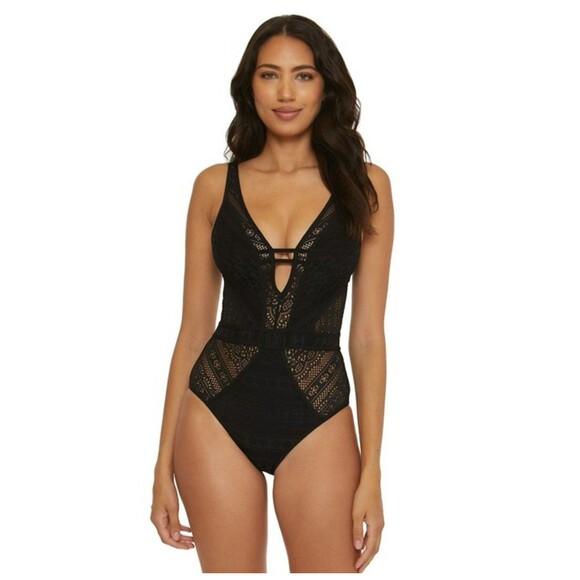 Becca Color Play Plunge Neck One Piece Swimsuit Size small Black Crochet Lace - Picture 1 of 6